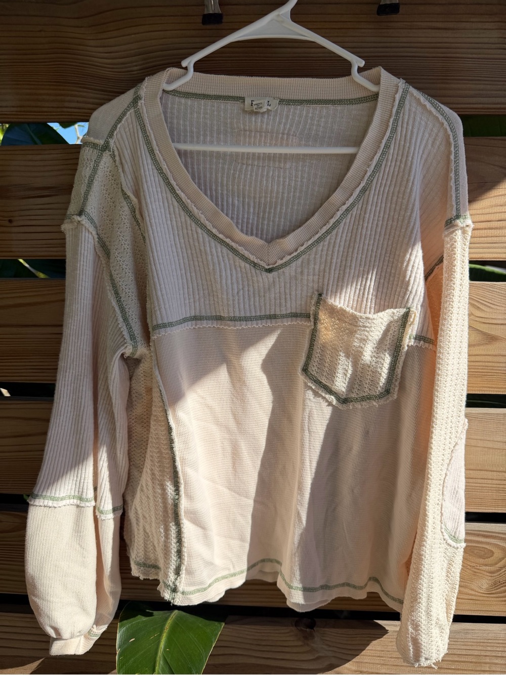 POL Cream V-Neck Sweater with Green Trim